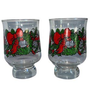 Vintage Arby's Decorative Christmas Glass Candle Holders Wreaths Bows Set Of 2